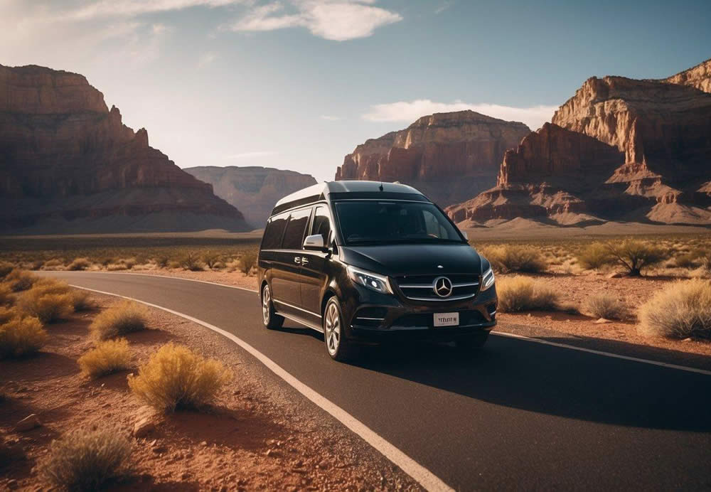 luxury tour van drives through the desert towards the Grand Canyon, with towering red rock formations and a clear blue sky in the background