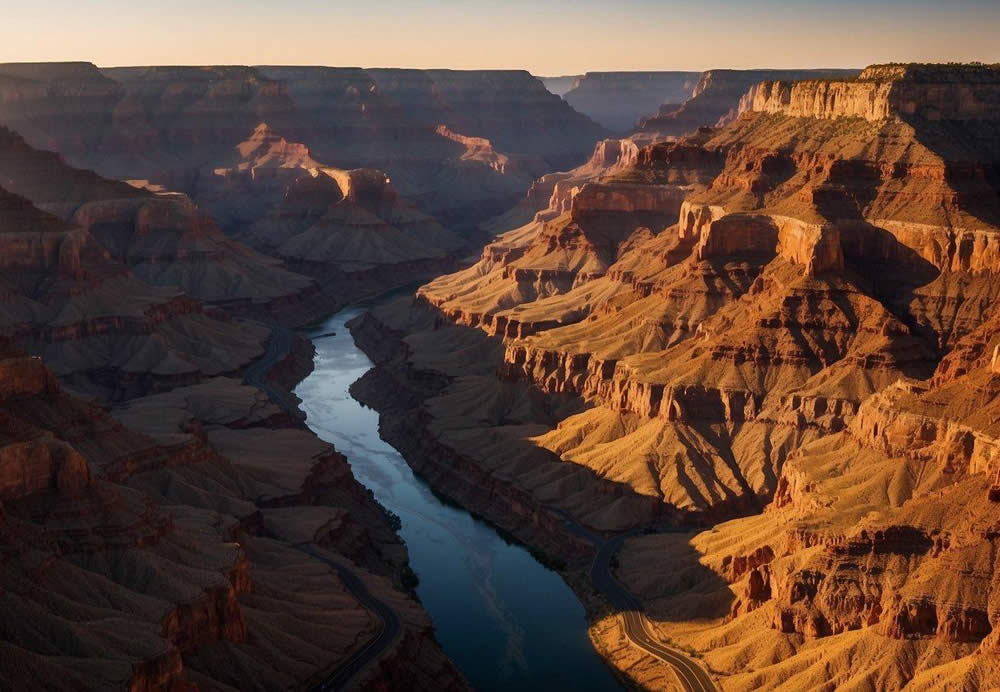 The sun sets over the vast Grand Canyon, casting a warm glow on the rugged cliffs and winding Colorado River below. Tour buses line the visitor center, as eager travelers prepare to embark on a luxury tour from Phoenix
