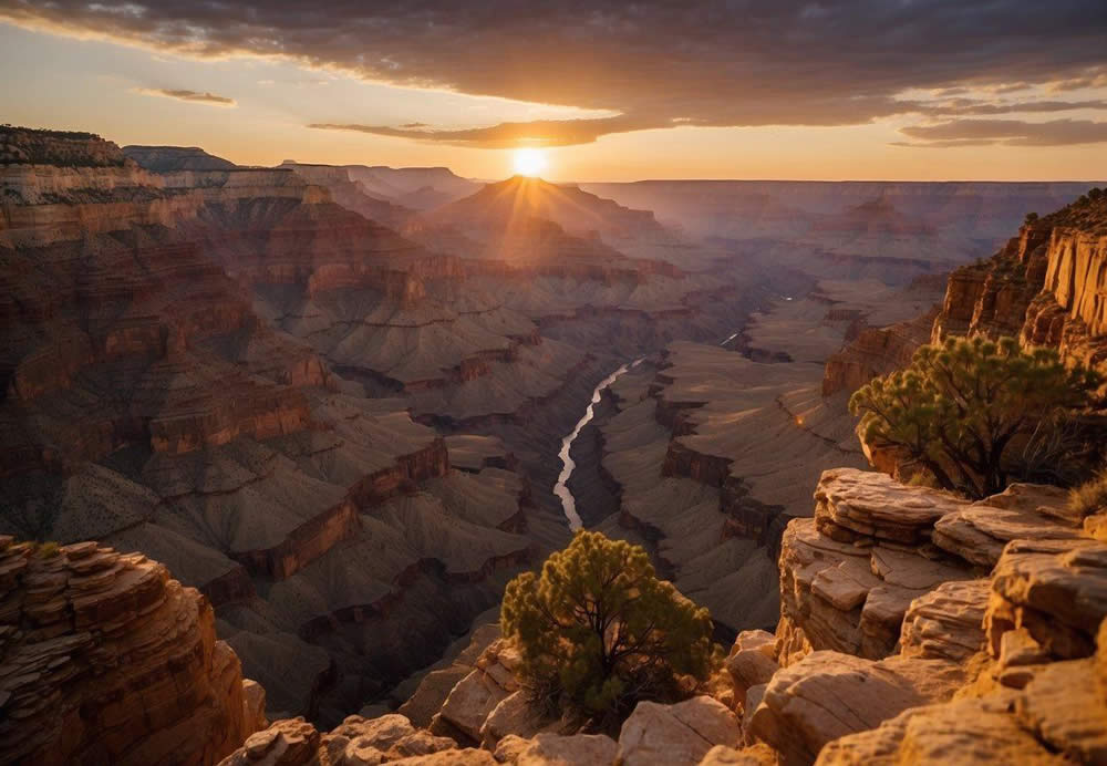 The sun sets over the vast expanse of the Grand Canyon, casting a warm golden glow on the rugged cliffs and deep ravines. The distant Colorado River glimmers in the fading light, as visitors marvel at the breathtaking natural wonder