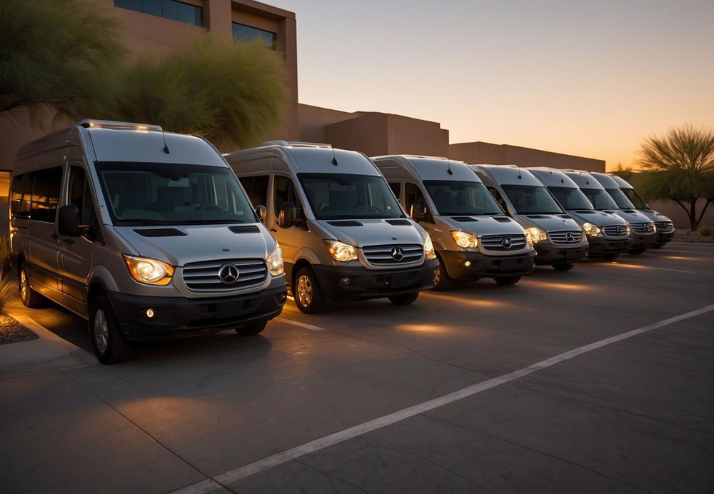 Luxury mini-coaches line up in front of a sleek office building in Phoenix, Arizona, with the sun setting behind them, casting a warm glow on their polished exteriors