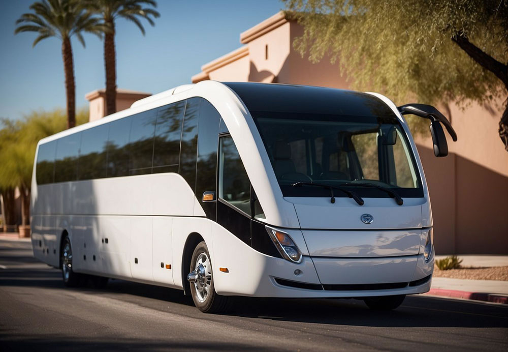 A luxury mini-coach glides through the streets of Phoenix, Arizona, with sleek and modern design. The vehicle exudes sophistication and comfort, with tinted windows and plush seating for executive transportation
