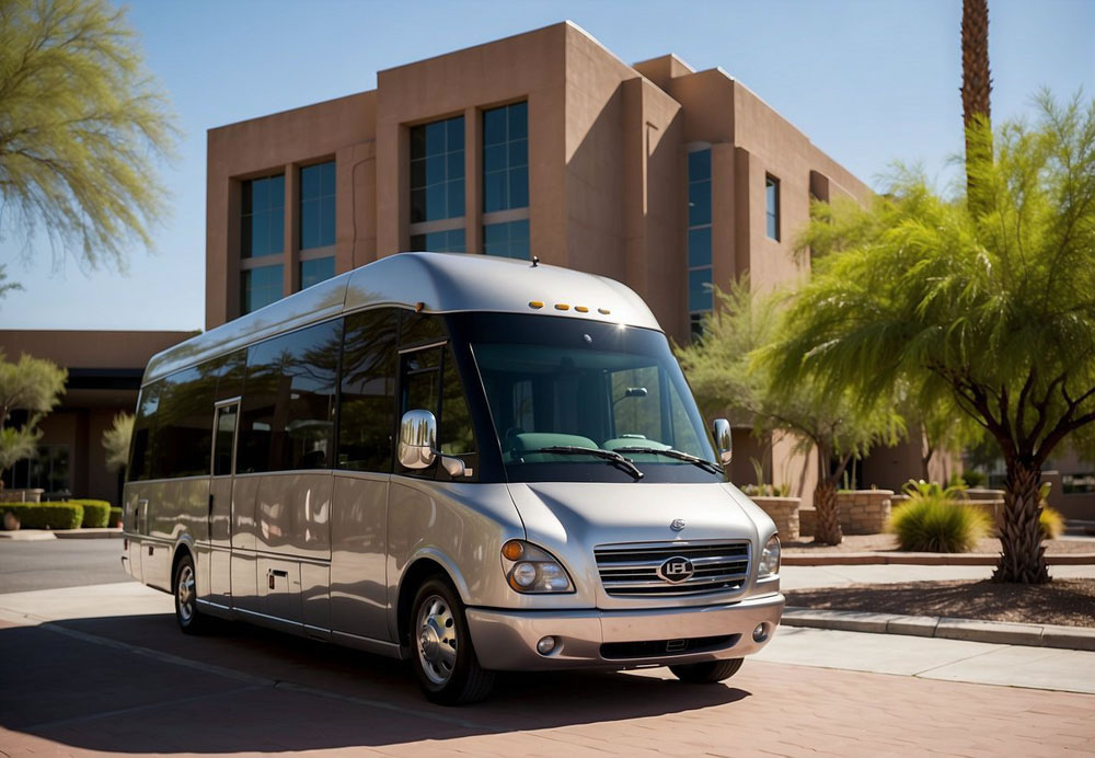 A luxury mini-coach parked in front of a sleek office building in Phoenix, Arizona. The sun shines down on the polished exterior, highlighting the elegant design and luxurious features