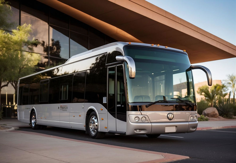 A sleek luxury mini-coach parked in front of a modern office building in Phoenix, Arizona. The sun shines on the polished exterior, highlighting the logo of a top executive transportation provider