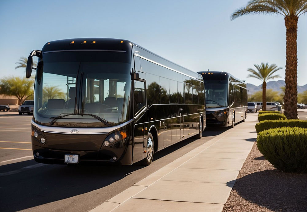 A row of sleek luxury mini-coaches parked in Phoenix, Arizona, ready for executive trips