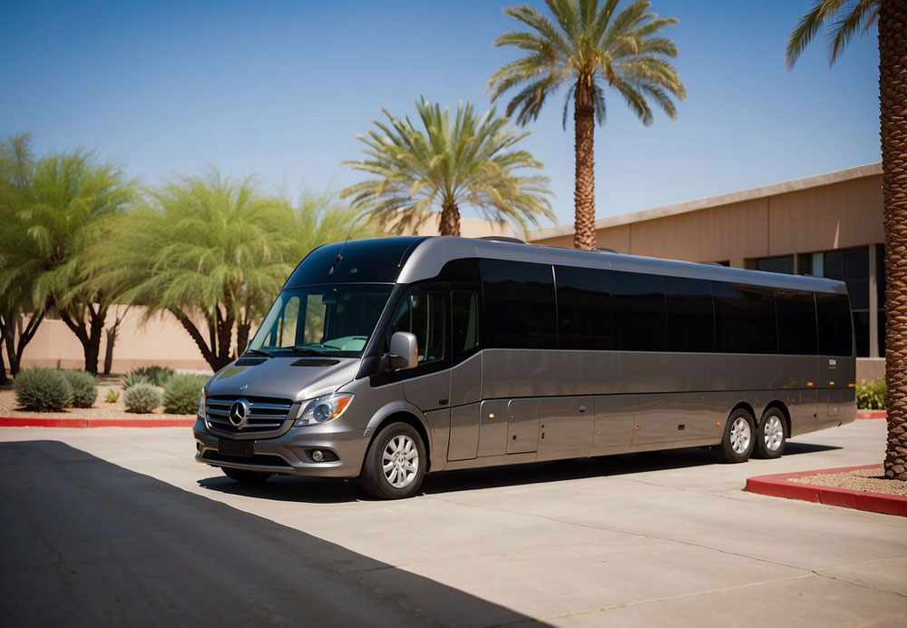 uxury mini-coaches parked outside a corporate building in Phoenix, Arizona. A chauffeur opens the door for a suited executive, while another passenger waits nearby. The sleek and modern design of the coaches exudes sophistication and professionalism